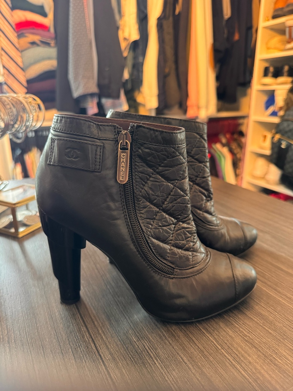 CHANEL Black Quilted Leather Ankle Booties with Side Zip